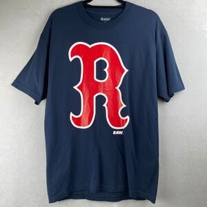 RAW Mens Graphic T-Shirt Blue Red R Logo Crew Neck Size L Rare Skate Streetwear